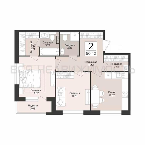 2-комнатная квартира, 66.42кв.м - изображение 0