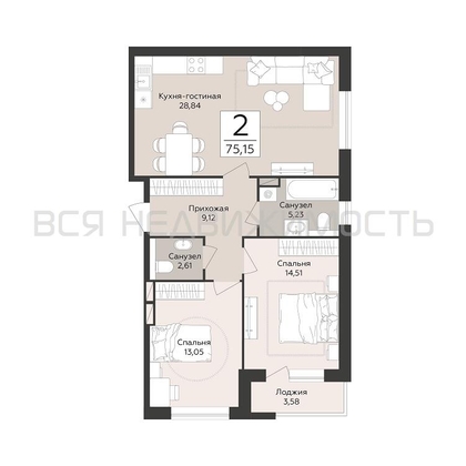 2-комнатная квартира, 75.15кв.м - изображение