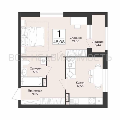 1-комнатная квартира, 48.08кв.м - изображение