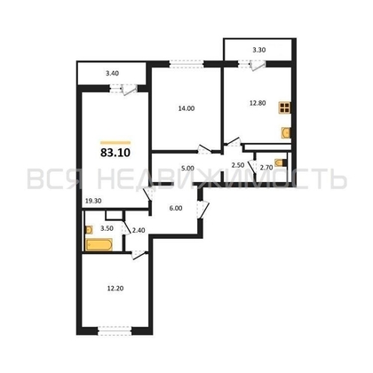 3-комнатная квартира, 83.1кв.м - изображение