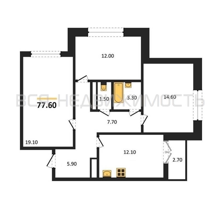 3-комнатная квартира, 77.6кв.м - изображение