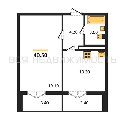 1-комнатная квартира, 40.5кв.м - изображение