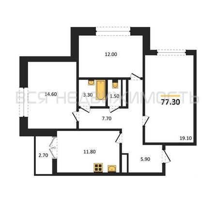 3-комнатная квартира, 77.3кв.м - изображение