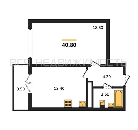 1-комнатная квартира, 40.8кв.м - изображение