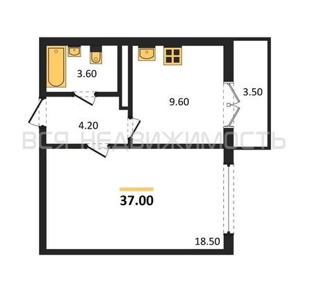1-комнатная квартира, 37кв.м - изображение