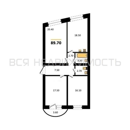 3-комнатная квартира, 89.7кв.м - изображение