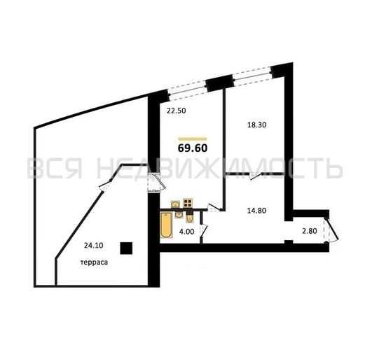 1-комнатная квартира, 69.6кв.м - изображение 0