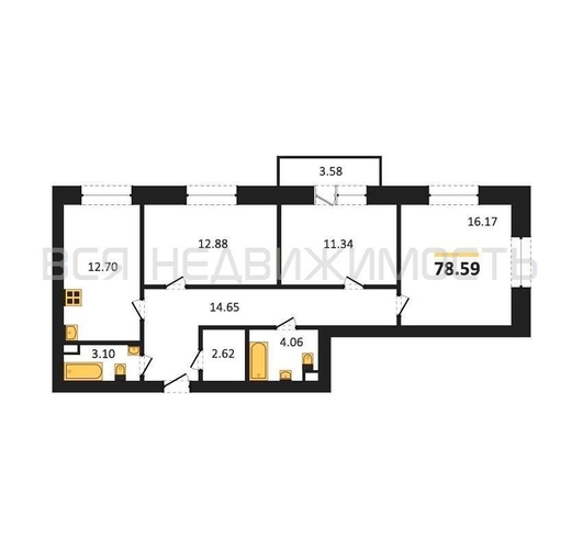 3-комнатная квартира, 78.59кв.м - изображение 0