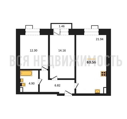 2-комнатная квартира, 60.56кв.м - изображение