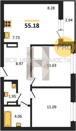2-комнатная квартира, 55.18кв.м - изображение