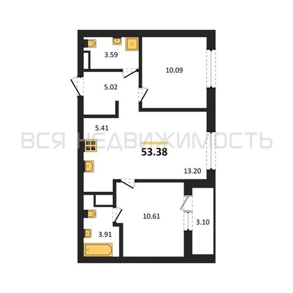 2-комнатная квартира, 53.38кв.м - изображение