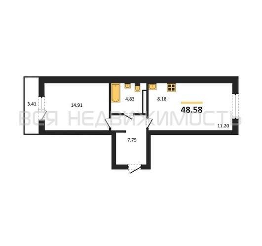 1-комнатная квартира, 48.58кв.м - изображение 0