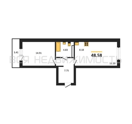 1-комнатная квартира, 48.58кв.м - изображение