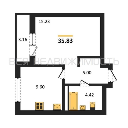 1-комнатная квартира, 35.83кв.м - изображение