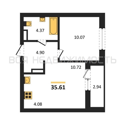 1-комнатная квартира, 35.61кв.м - изображение