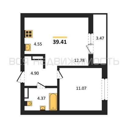 1-комнатная квартира, 39.41кв.м - изображение