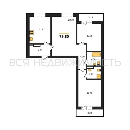 3-комнатная квартира, 79.8кв.м - изображение