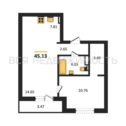 1-комнатная квартира, 45.13кв.м - изображение