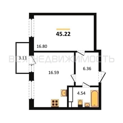 1-комнатная квартира, 45.22кв.м - изображение 0