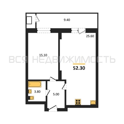1-комнатная квартира, 52.3кв.м - изображение