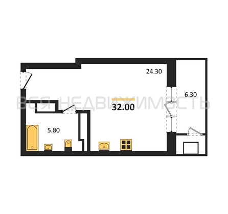квартира-студия, 32кв.м. - изображение