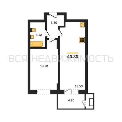 1-комнатная квартира, 40.8кв.м - изображение