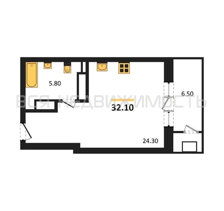 квартира-студия, 32,1кв.м. - изображение