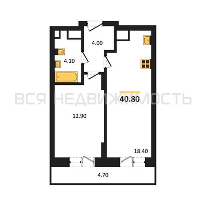 1-комнатная квартира, 40.8кв.м - изображение