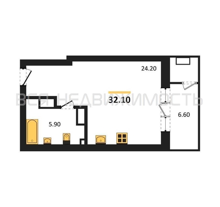 квартира-студия, 32,1кв.м. - изображение