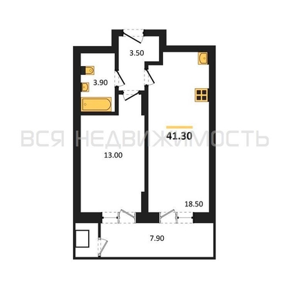 1-комнатная квартира, 41.3кв.м - изображение