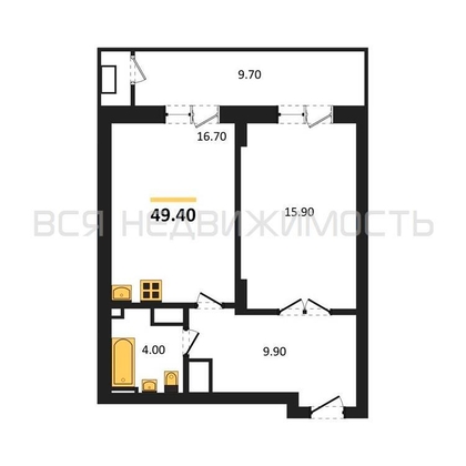 1-комнатная квартира, 49.4кв.м - изображение