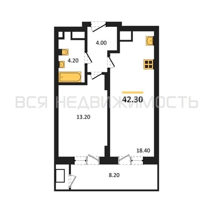 1-комнатная квартира, 42.3кв.м - изображение