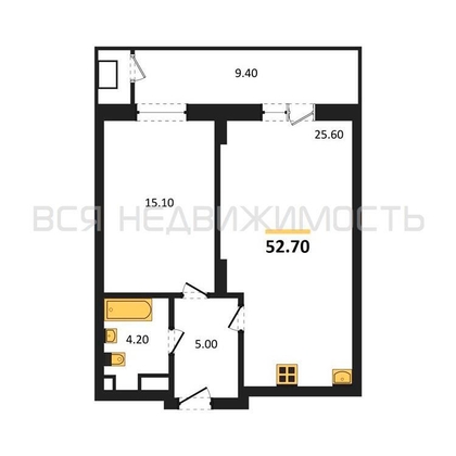 1-комнатная квартира, 52.7кв.м - изображение
