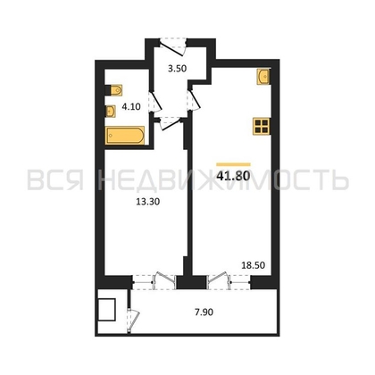 1-комнатная квартира, 41.8кв.м - изображение