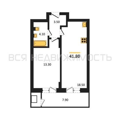 1-комнатная квартира, 41.8кв.м - изображение