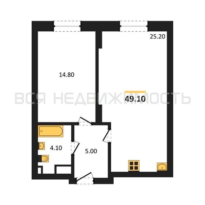 1-комнатная квартира, 49.1кв.м - изображение
