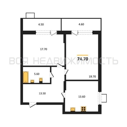 2-комнатная квартира, 74.7кв.м - изображение