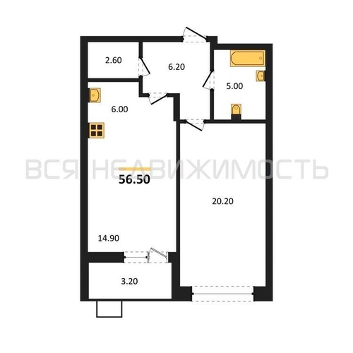 1-комнатная квартира, 56.5кв.м - изображение 0