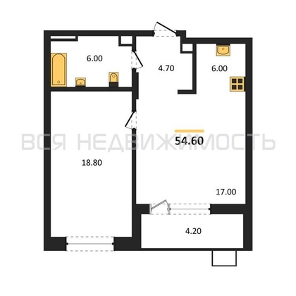 1-комнатная квартира, 54.6кв.м - изображение