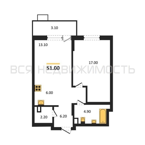 1-комнатная квартира, 51кв.м - изображение 0