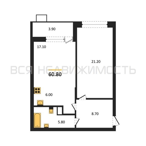 1-комнатная квартира, 60.8кв.м - изображение 0