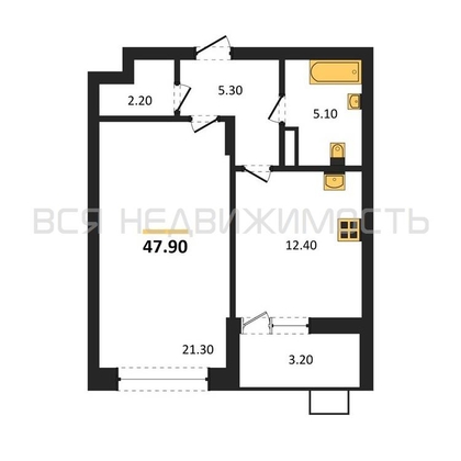 1-комнатная квартира, 47.9кв.м - изображение