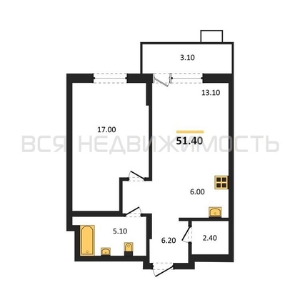 1-комнатная квартира, 51.4кв.м - изображение