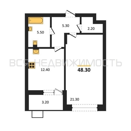 1-комнатная квартира, 48.3кв.м - изображение