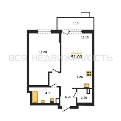 1-комнатная квартира, 51кв.м - изображение