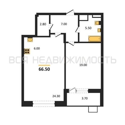 1-комнатная квартира, 66.5кв.м - изображение