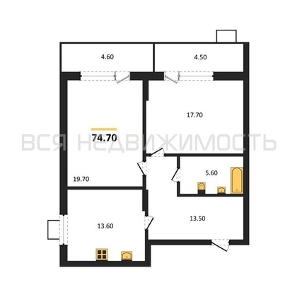 2-комнатная квартира, 74.7кв.м - изображение