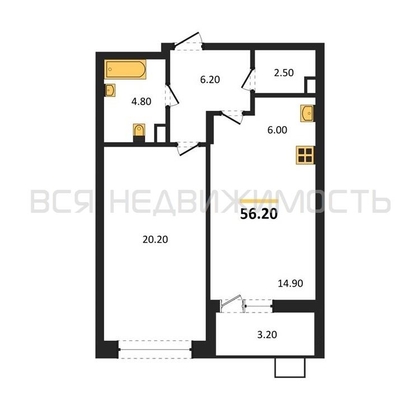 1-комнатная квартира, 56.2кв.м - изображение