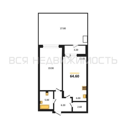 1-комнатная квартира, 64.6кв.м - изображение