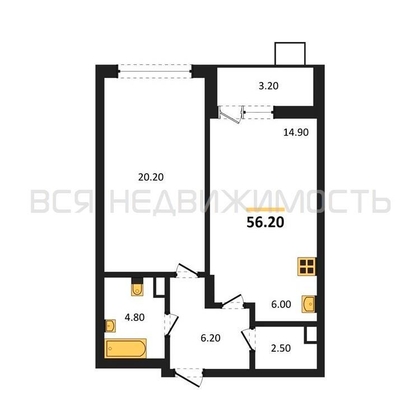 1-комнатная квартира, 56.2кв.м - изображение